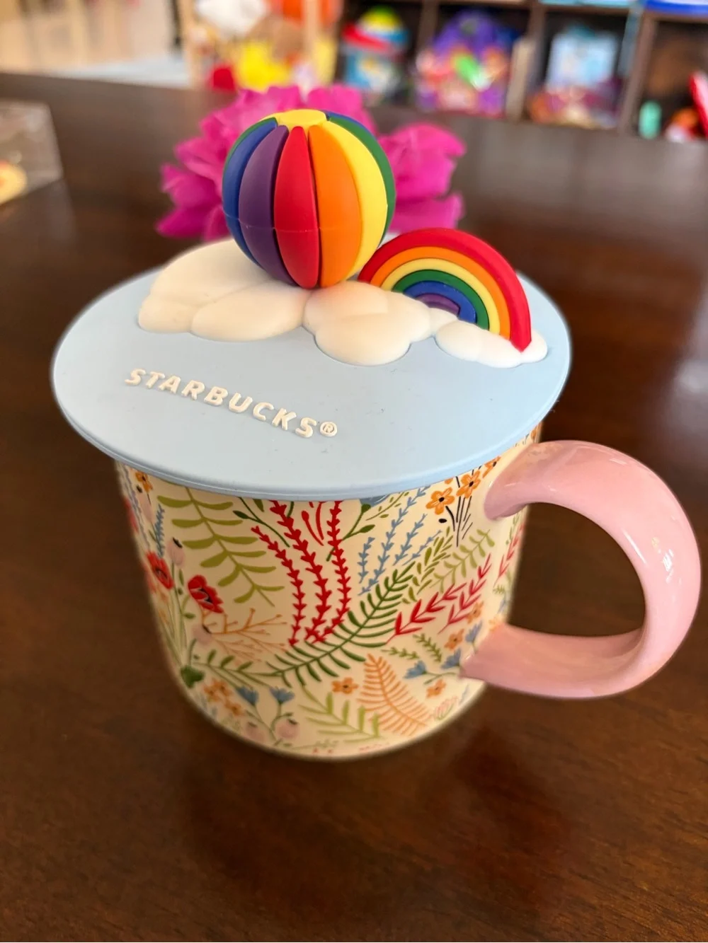 Starbucks Pastel Blue Floral Mug with Rainbow Silicone Topper